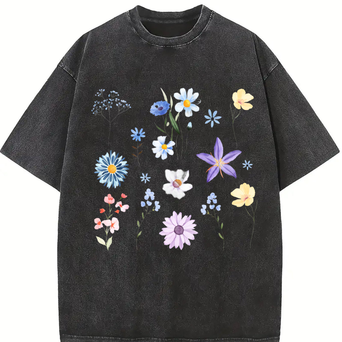 Blooms and Wild Flowers 90s Vintage Washed T-Shirt in Black