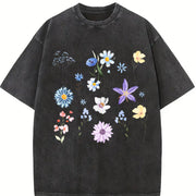 Blooms and Wild Flowers 90s Vintage Washed T-Shirt in Black