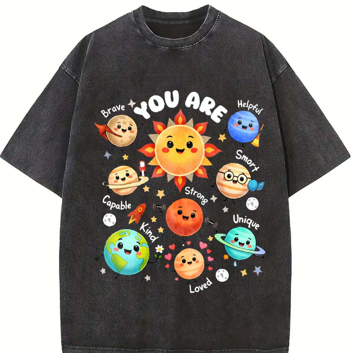 You Are Positive Affirmation Solar System Vintage Washed T-Shirt in Black