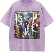 Retro Christmas Horror Movies Vintage Washed T-Shirt in Purple