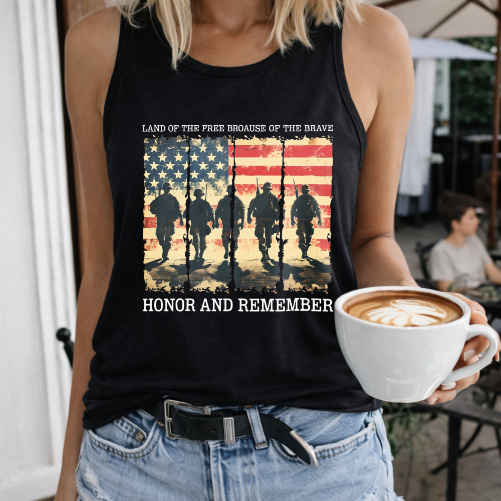 Land of the Free Because of the Brave Honor and Remember Women's Color Cotton Tank Top in Black