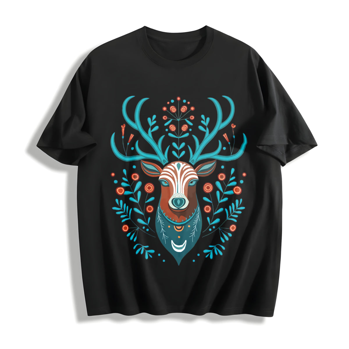 Animal with Faux Embroidered Deer Head Cotton T-Shirt in Black