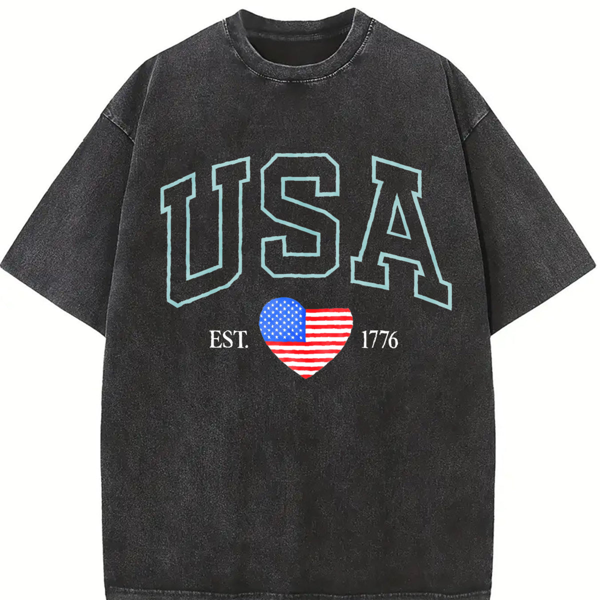 Embroidered USA Flag Vintage Washed T-Shirt in Black