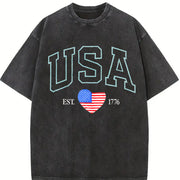 Embroidered USA Flag Vintage Washed T-Shirt in Black
