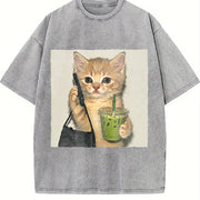 A Stylish Cat and Drink Vintage Washed T-Shirt in Gray