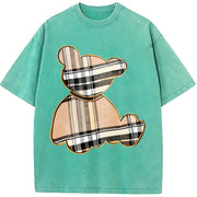 Cartoon Bear & Plaid for & Parties Bear vintage washed oversized T-shirt in Blue
