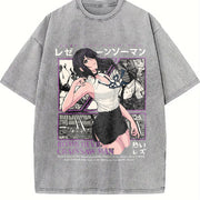 Japanese Reze Chainsaw Man Anime Beach vintage washed oversized T-shirt in Gray