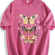 Retro-revival for Weekend Warriors Hand-drawn Moth On Vintage Washed T-Shirt in Red