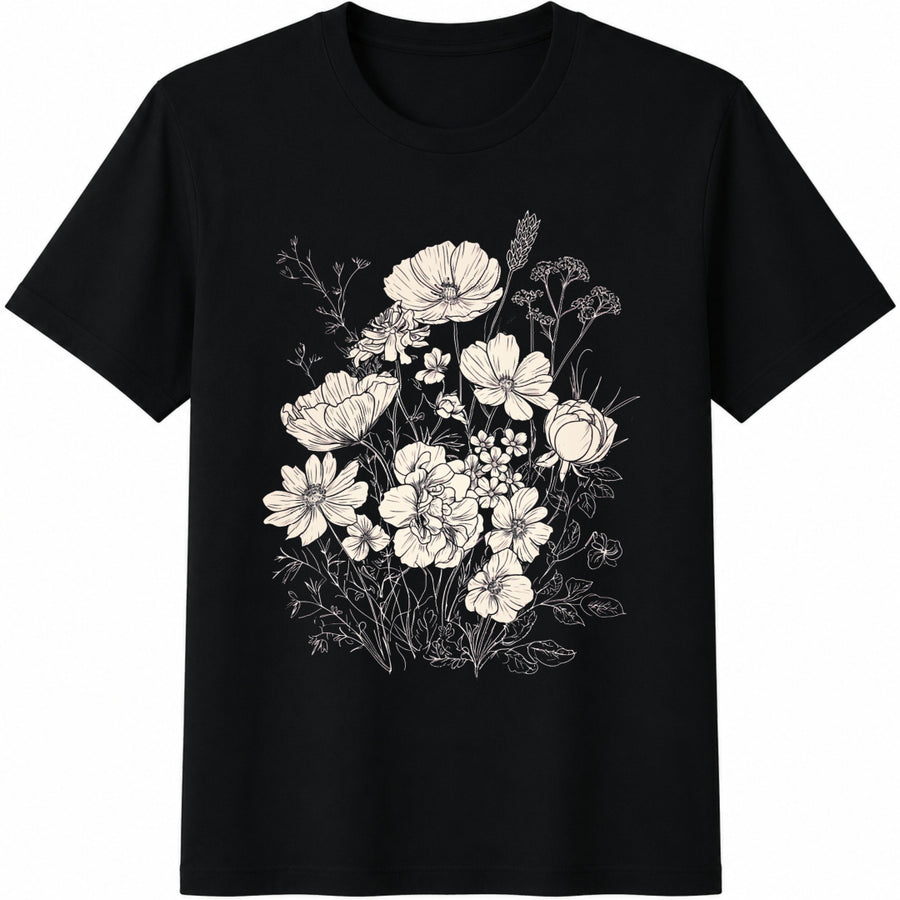 Pressed Flowers Boho Cottagecore Botanical Floral Cotton T-Shirt in Black