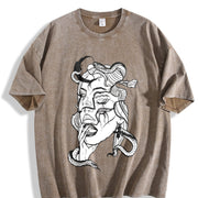 Black and White Snake-hair Medusa Dark Illustration Orca Vintage Washed T-Shirt in Brown