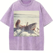 Woman with a Laptop in the Ocean Vintage Washed T-Shirt in Purple