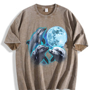 Three Dolphin Retro Dolphin Moon Vintage Washed T-Shirt in Brown