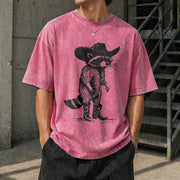 Raccoon Cowboy Western Cowgirl Vintage Washed T-Shirt in Red