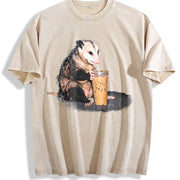 Opossum Drinking Iced Coffee Vintage Washed T-Shirt in Beige