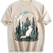 Bohemian Night Fox & Pine Forest Vintage Washed T-Shirt in Beige