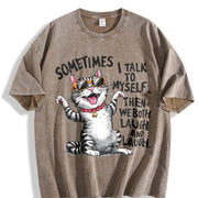 Cat Fashionable Elegant Vintage Washed T-Shirt in Brown