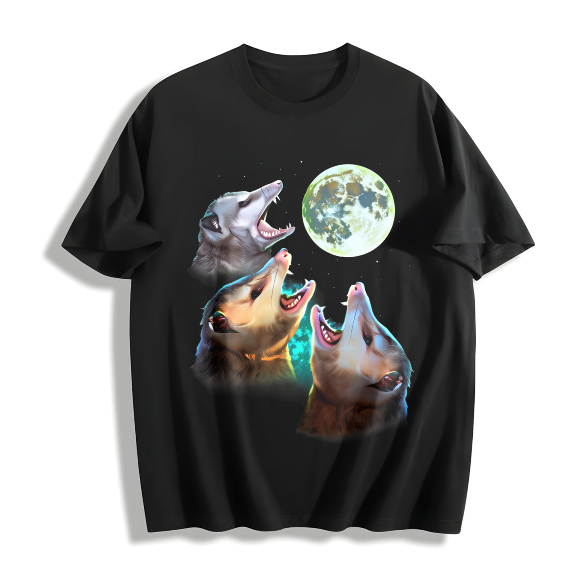 Three Possums Howling at Moon Cotton T-Shirt in Black