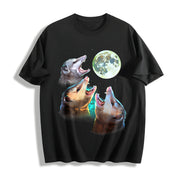 Three Possums Howling at Moon Cotton T-Shirt in Black