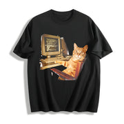 Office Cat Working at Computer Meme DTG Cotton T-Shirt in Black