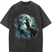 Two Dinosaur T Rex Moon Vintage Washed T-Shirt in Black