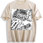 Cat Bite Japanese Horror Anime Vintage Washed T-Shirt in Beige