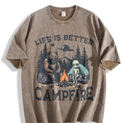 Retro Bear and Alien Life Is Better by the Campfire 90s Vintage Washed T-Shirt in Brown