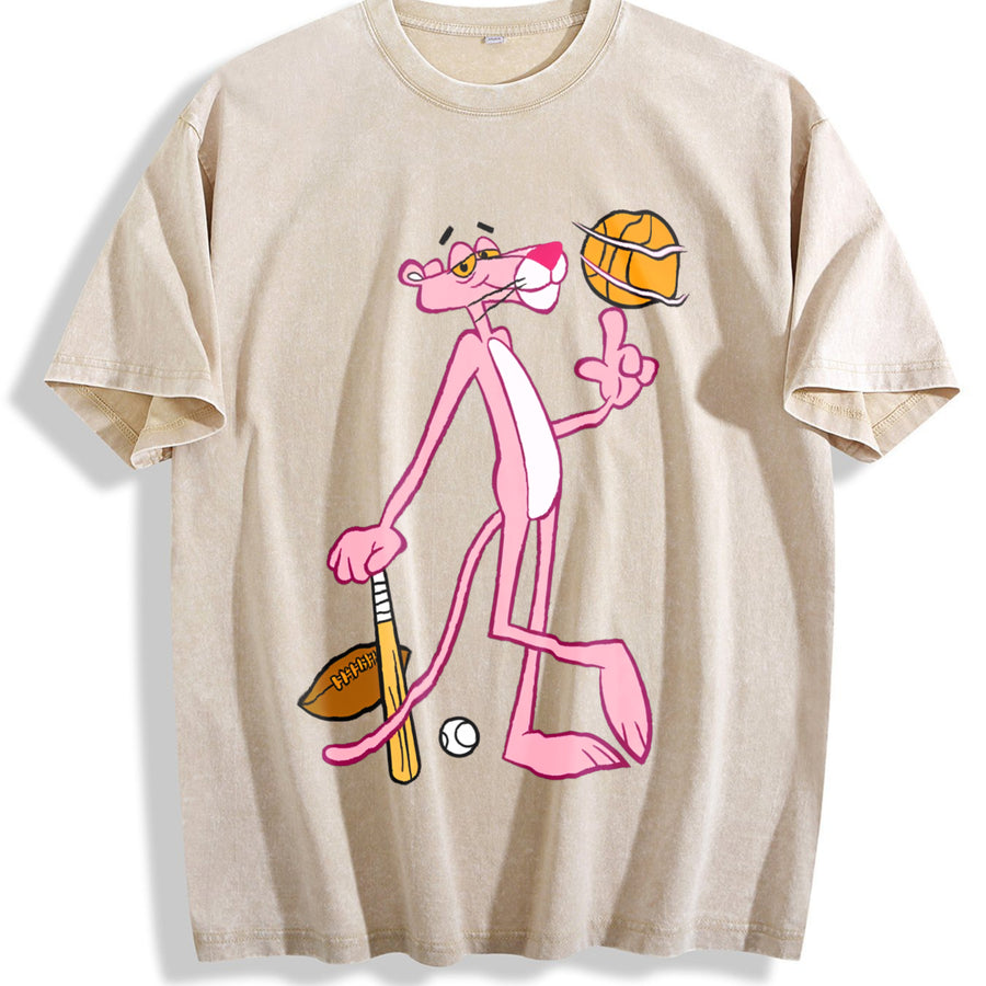 & Retro Y2K Style with Panther & Baseball vintage washed oversized T-shirt in Beige