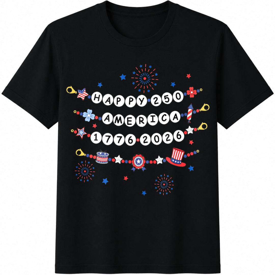 Happy 250 USA Bracelet Friendship Cotton T-Shirt in Black