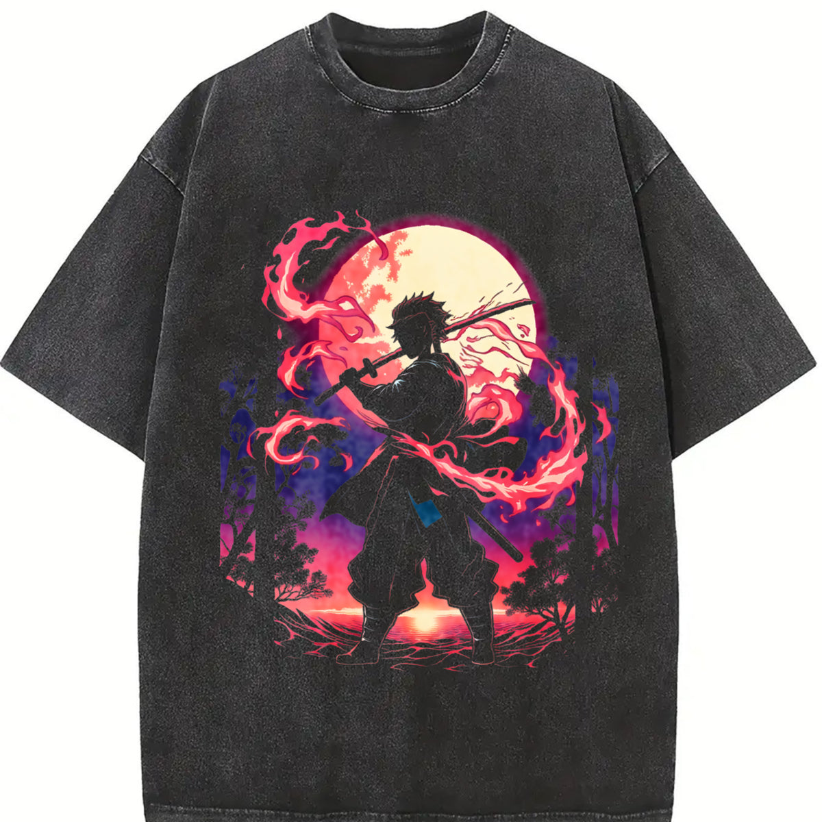 Demon Slayer Kimetsu No Yaiba 2-Sided Printing vintage washed oversized T-shirt in Black