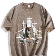 Religious Prayer Cross Black Grunge Vintage Washed T-Shirt in Brown