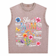 She Is Mom Bible Verses Christian Boho Floral Mother's Day Vintage Washed Tank Top in Brown