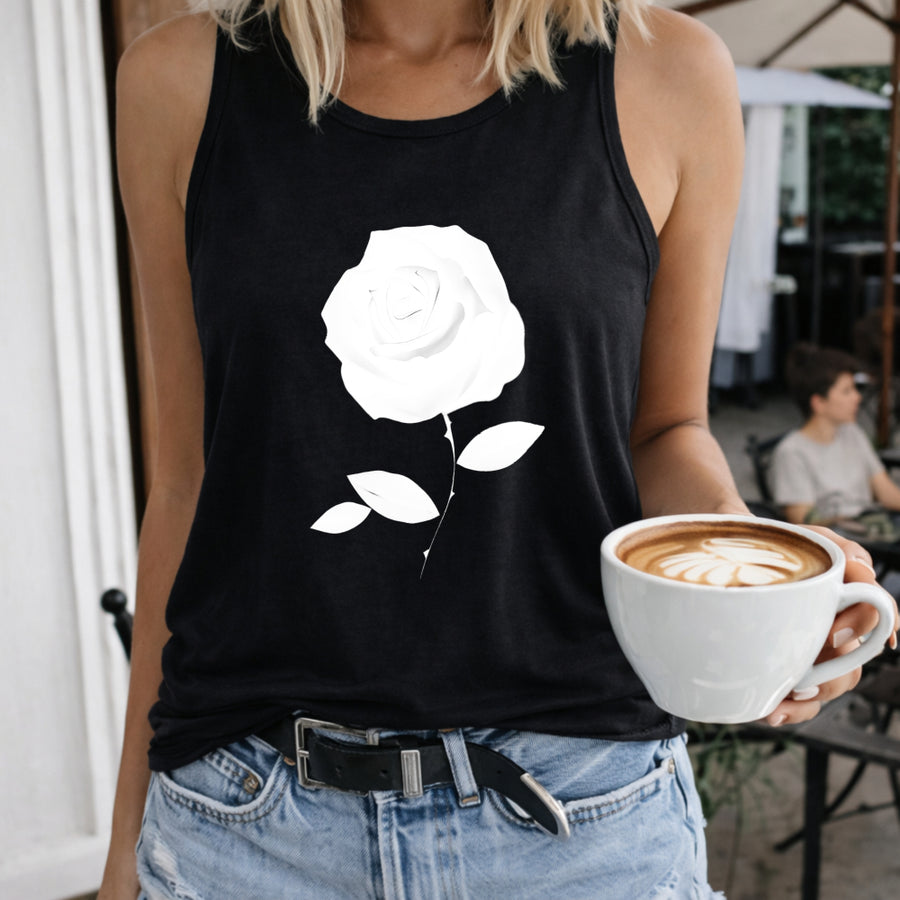 White Rose on Black Tank Crew-neck Sleeveless Vest Outdoor Women's Color Cotton Tank Top in Black