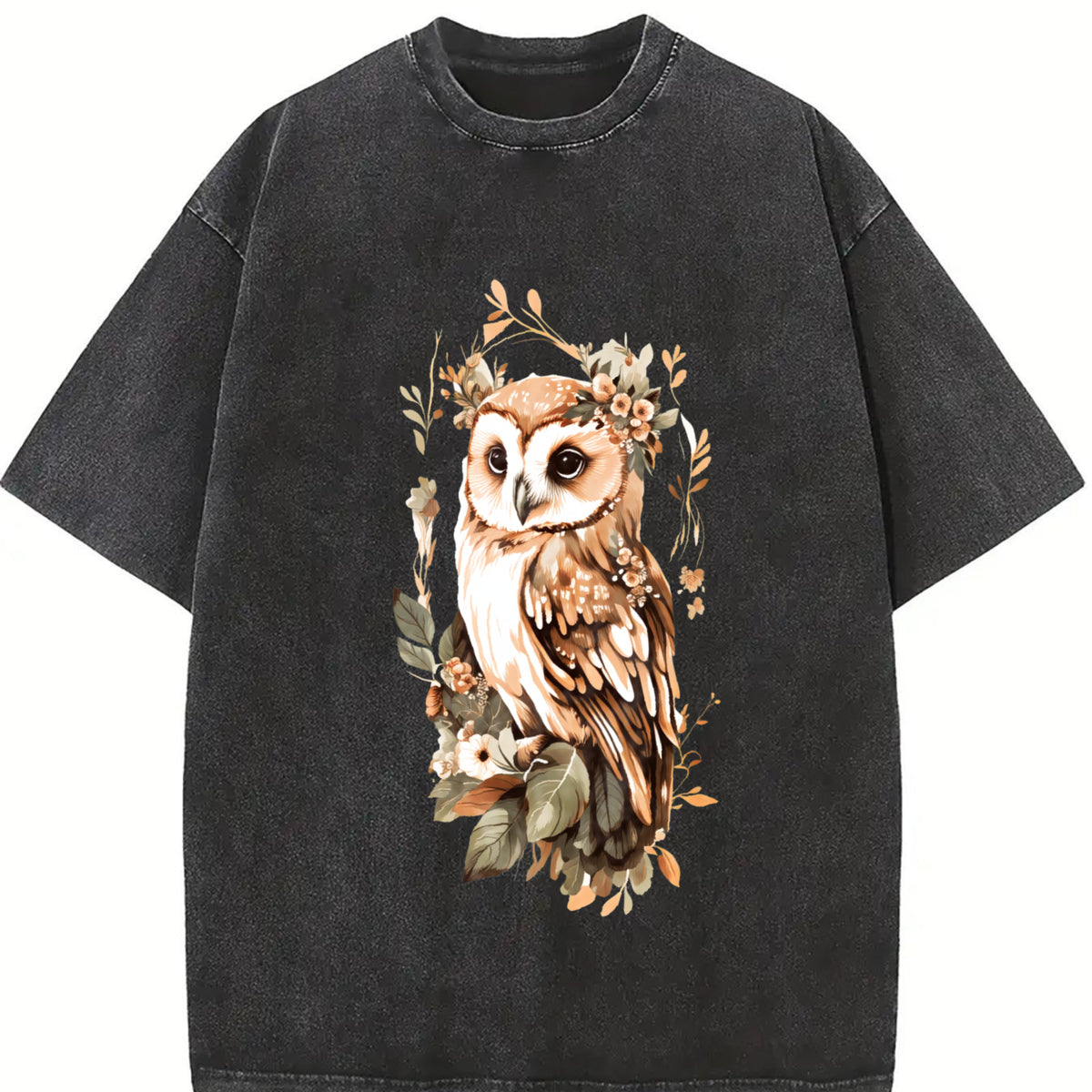 Green Leaf Owl Fashionable Elegant Vintage Washed T-Shirt in Black
