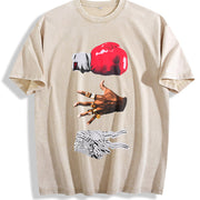 Red Fist and Golden Ring Gestures Vintage Washed T-Shirt in Beige