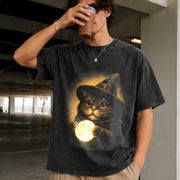 Witch Cat Moon: Retro Gothic Halloween Vintage Washed T-Shirt in Black