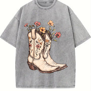 Western Cowgirl Boots Vintage Washed T-Shirt in Gray
