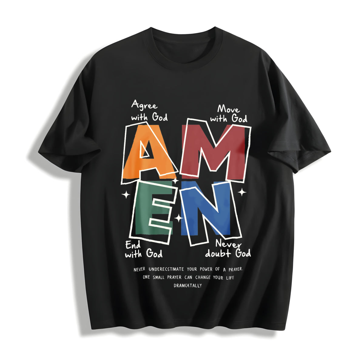 AMEN Classic Letter Header for Distressed God Bless Cotton T-Shirt in Black