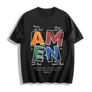 AMEN Classic Letter Header for Distressed God Bless Cotton T-Shirt in Black