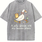 Silly Goose Ate My Lesson Plans Teacher Goose Teacher Back Vintage Washed T-Shirt in Gray