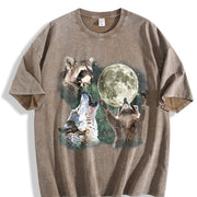 Retro Moon Raccoon and Wolf Retro Wolf Moon Galaxy Vintage Washed T-Shirt in Brown