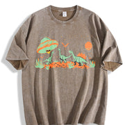 Retro UFO Alien Abduction Dinosaur Vintage Washed T-Shirt in Brown