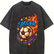 Flaming Soccer Ball Vintage Washed T-Shirt in Black