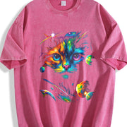 Cat Galaxy 90s ® Retro Mystical Cat Faded Vintage Washed T-Shirt in Red