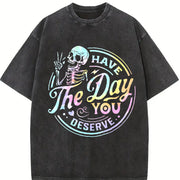 Skeleton & Letter Ladies vintage washed oversized T-shirt in Black