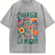 Chinga La Migra Abolish Ice Protest No Human Is Illegal vintage washed oversized T-shirt in Gray