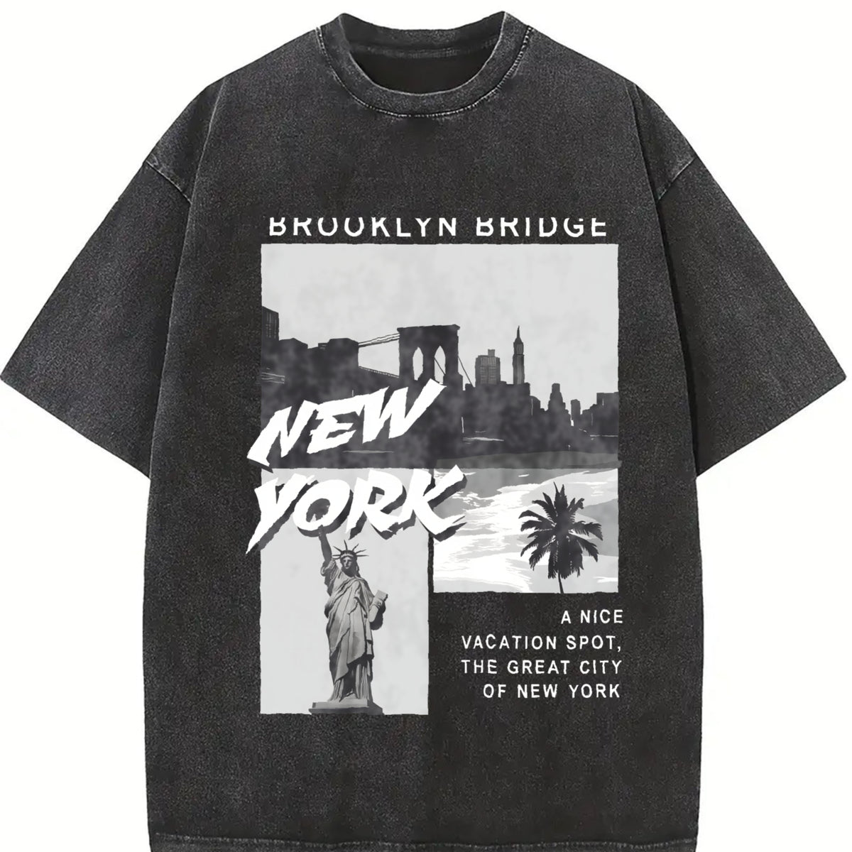 New York City Brooklyn Bridge Vintage Washed T-Shirt in Black