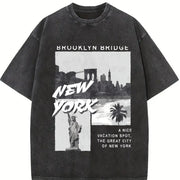 New York City Brooklyn Bridge Vintage Washed T-Shirt in Black