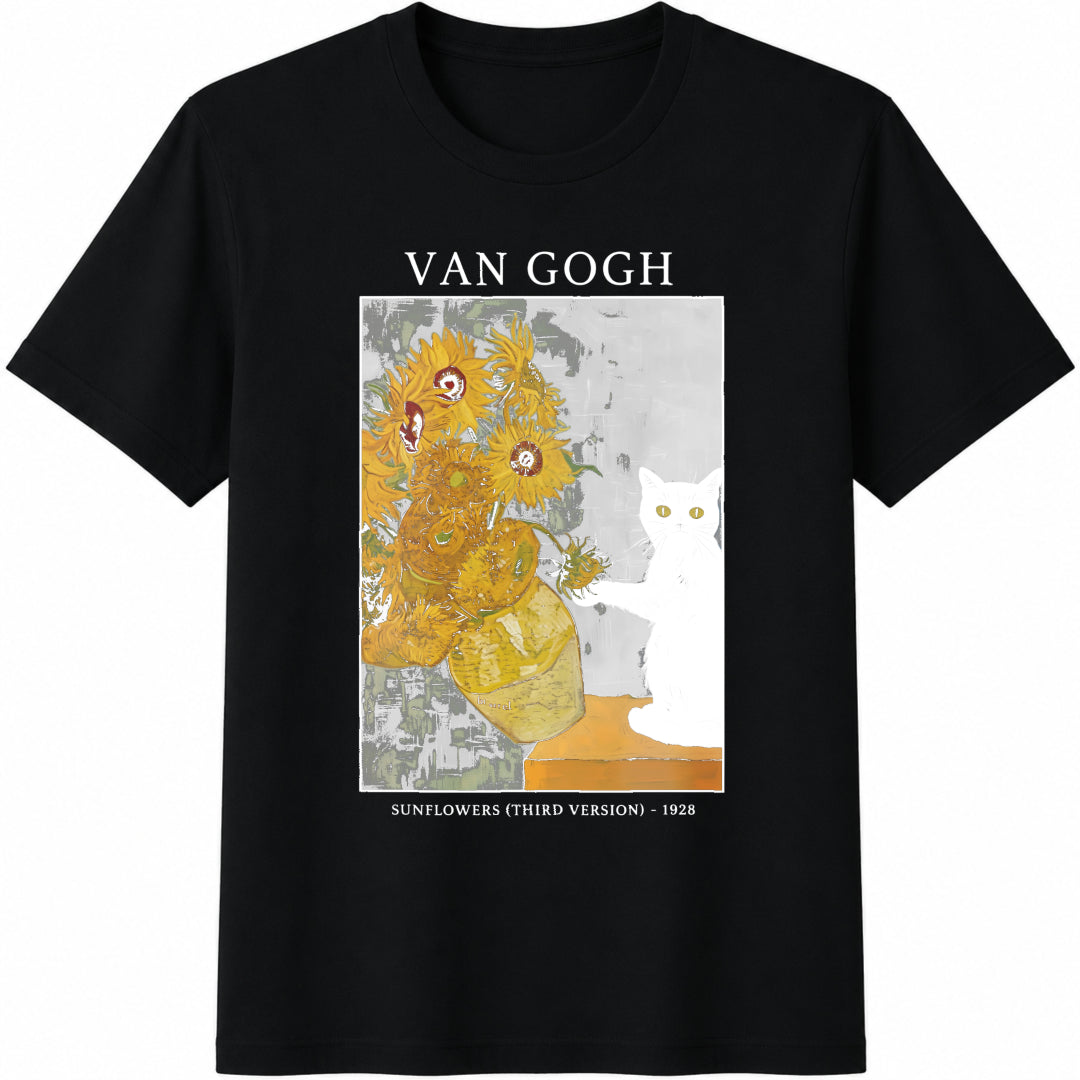 Cat Van Gogh Cat Meme Black Cat Art Artist Kitty Lover Cotton T-Shirt in Black