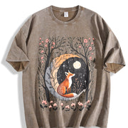 Sister Autumn Dead Tree Flowers Night Fox Appreciation Vintage Washed T-Shirt in Brown