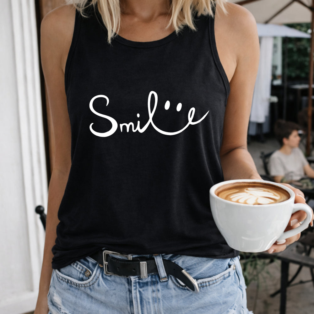 Smile with Coffee Art Crew-neck Sleeveless Vest Outdoor Women's Color Cotton Tank Top in Black
